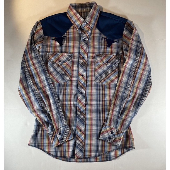 Vtg 70s Wrangler Western Pearl Snap Made in USA Plaid Rodeo with Bull Applique - Picture 1 of 8